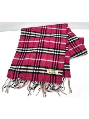 Burberry London Raspberry Pink Lambswool Nova Check Luxurious Scarf Plaid Fringe
